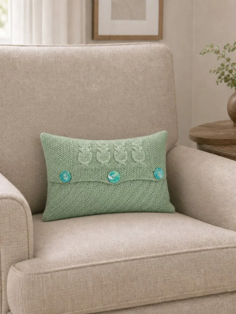 Hand Crafted Pillow Knit Sage Green Owl Googly Eye Hand Painted Button H…